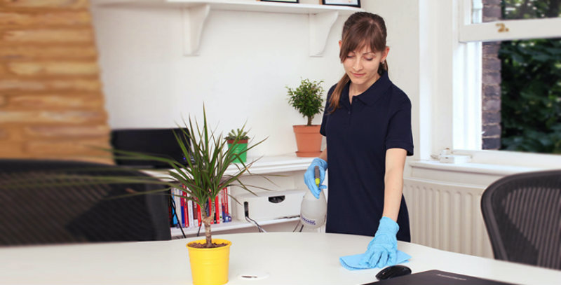 young woman wiping office table
