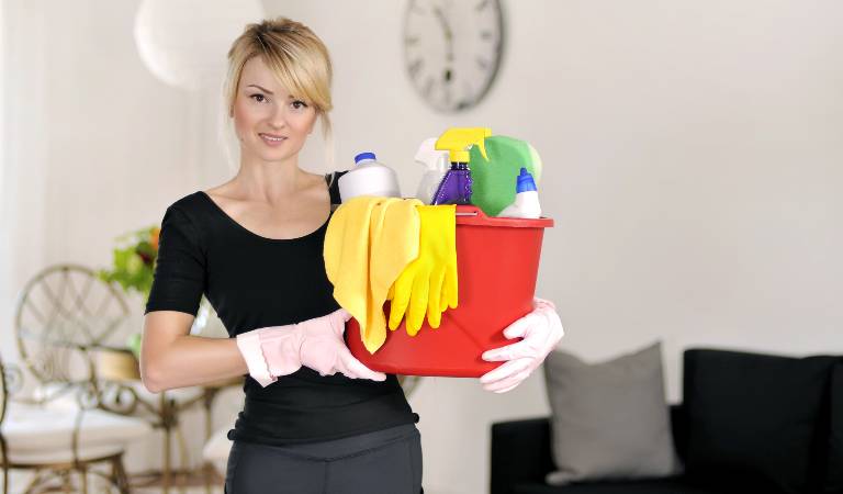 Woman in black dress holding a red basket filled with tools, bottles, cloths.