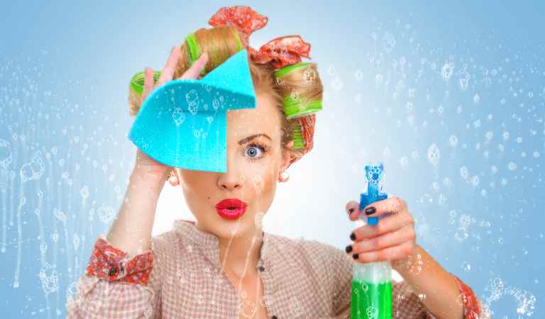 Funny housewife with rag / wipe and cleaning spray for window.