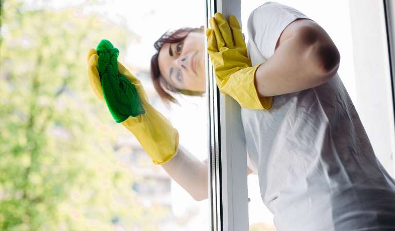 Woman in yellow glove cleaning window screen with a green cloth.