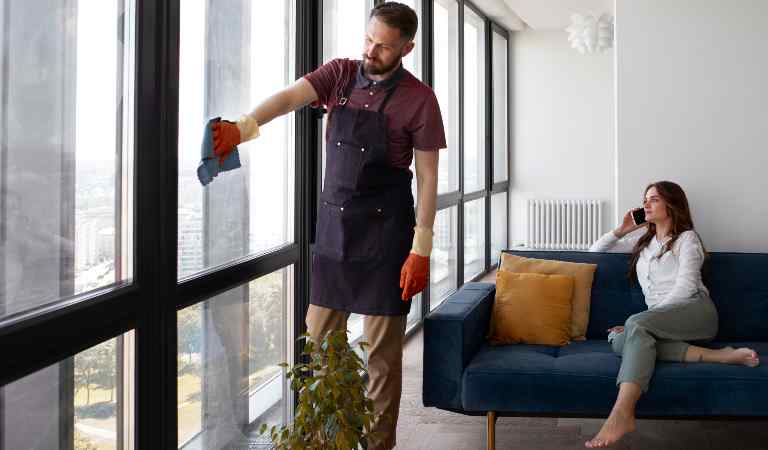 Expert cleaner is cleaning window and a woman in white top sitting on her sofa talking to someone in on her mobile.