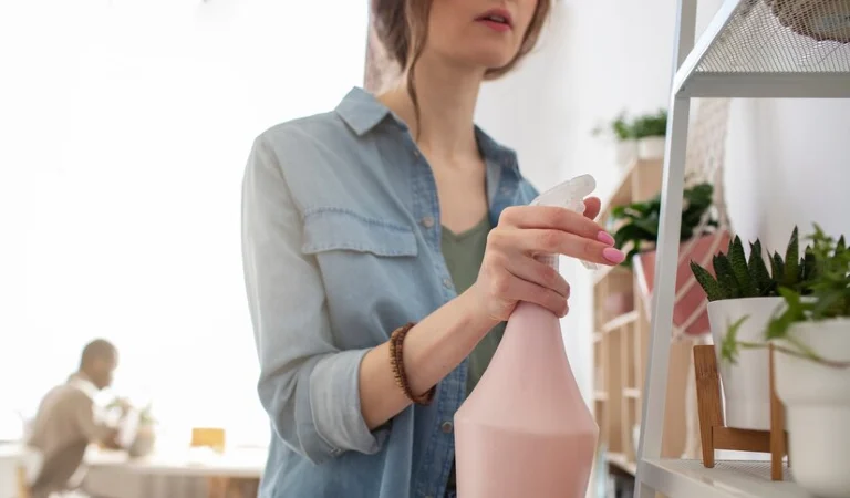 Woman in denim shirt holding a spray bottle and using it on flowers.