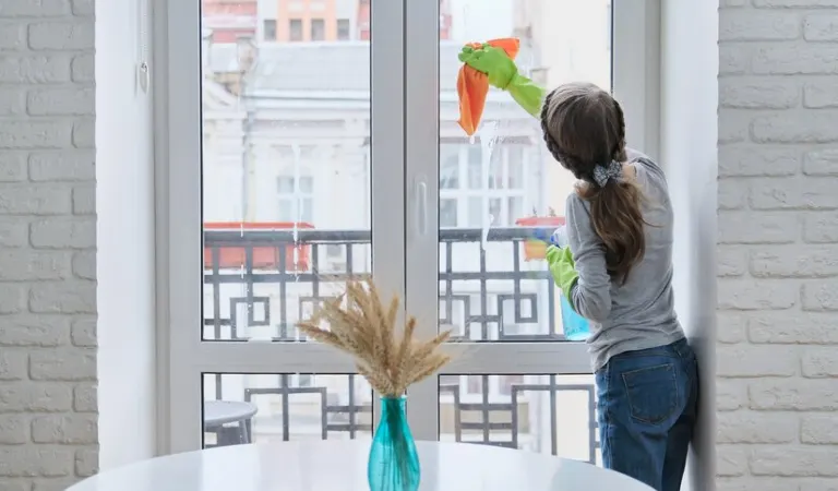 Woman in top and jeans cleaning her window with a orange cloth