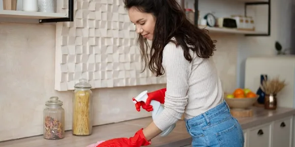 Woman in white top, blue jeans and pink gloves holding a white bottle in her hand cleaning inside her kitchen.