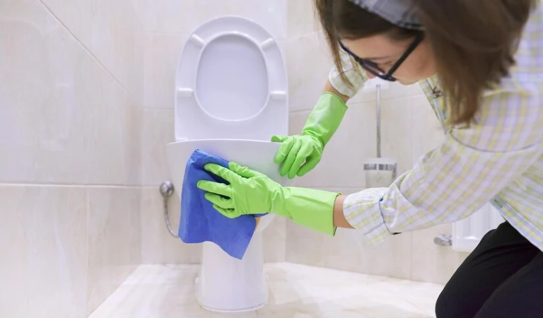 Woman in green gloves cleaning toilet with a blue cloth.