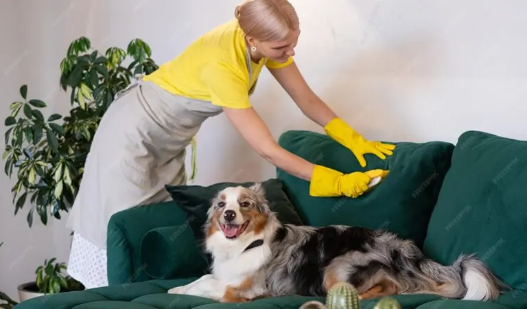 Woman in yellow dress cleaning sofa with a pet dog on sofa.