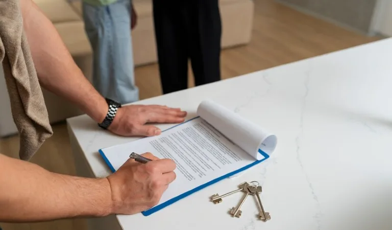 A person is signing a paper with a key on the table.