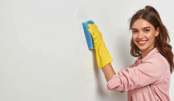 A woman is holding a sponge and cleaning wall