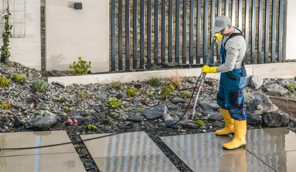 Man pressure washing concrete tiles