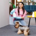 Young woman sitting near table with cleaning products at home and her little dog is running next to her