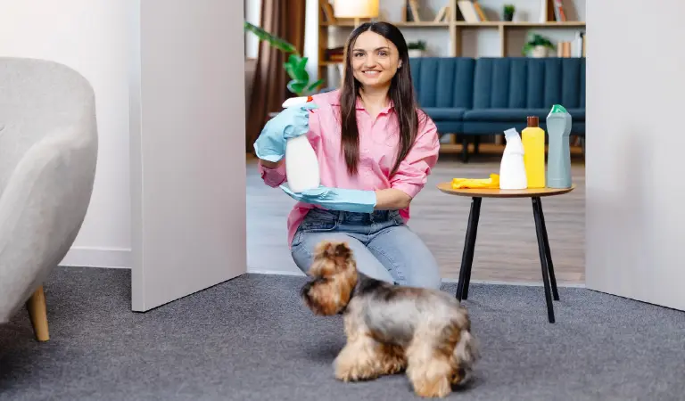 Young woman sitting near table with cleaning products at home and her little dog is running next to her
