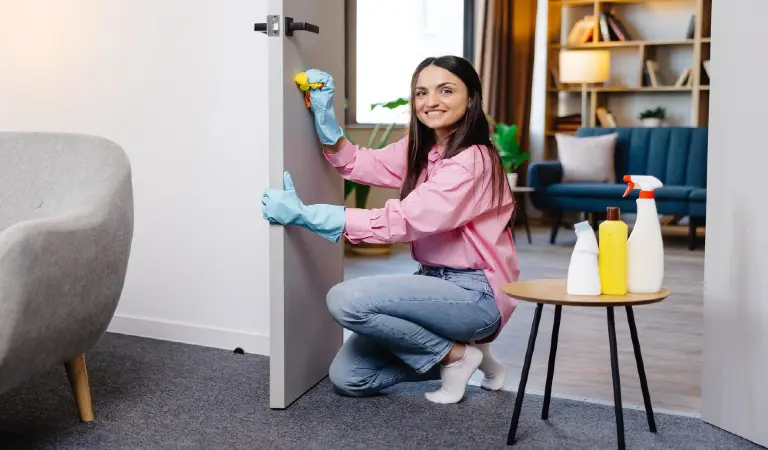 young woman in rubber gloves is wiping door with a rag and a table with cleaning products