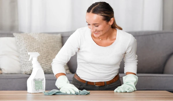 Living room cleaner and woman cleaning table with product spray bottle and rubber gloves and cloth in modern home