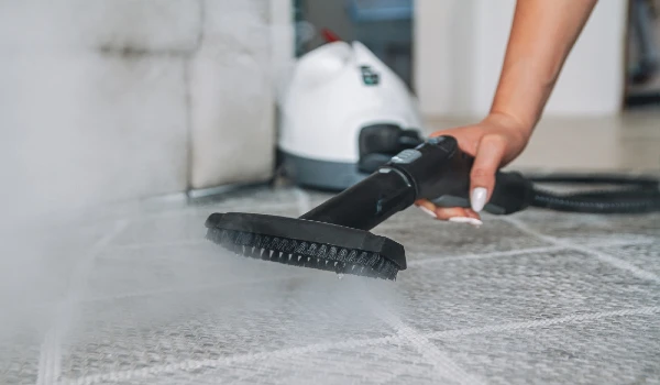 Steam cleaner removes dirt from carpet dirty