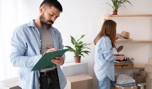 Happy man checking stuff in cardboard box before sent to company and moving to new location apartment
