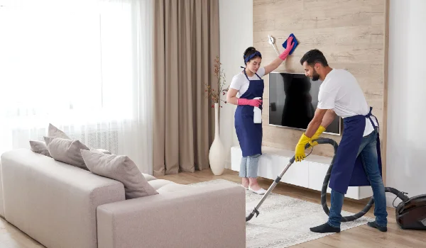 Professional cleaning service team cleans living room in modern apartment