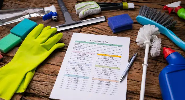 Cleaning products around weekly cleaning plan form with pen