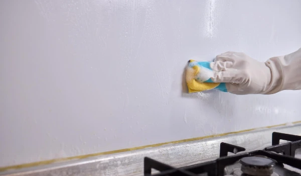 Cleaning the kitchen wall effectively with a sponge for hygiene