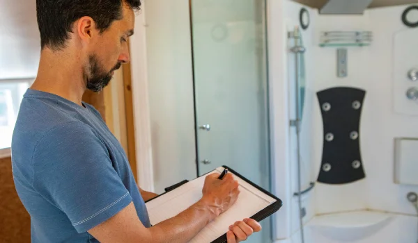 Side view of man using mobile phone and pen paper