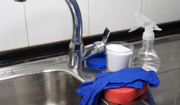 Kitchen sink with natural cleaning products vinegar baking soda